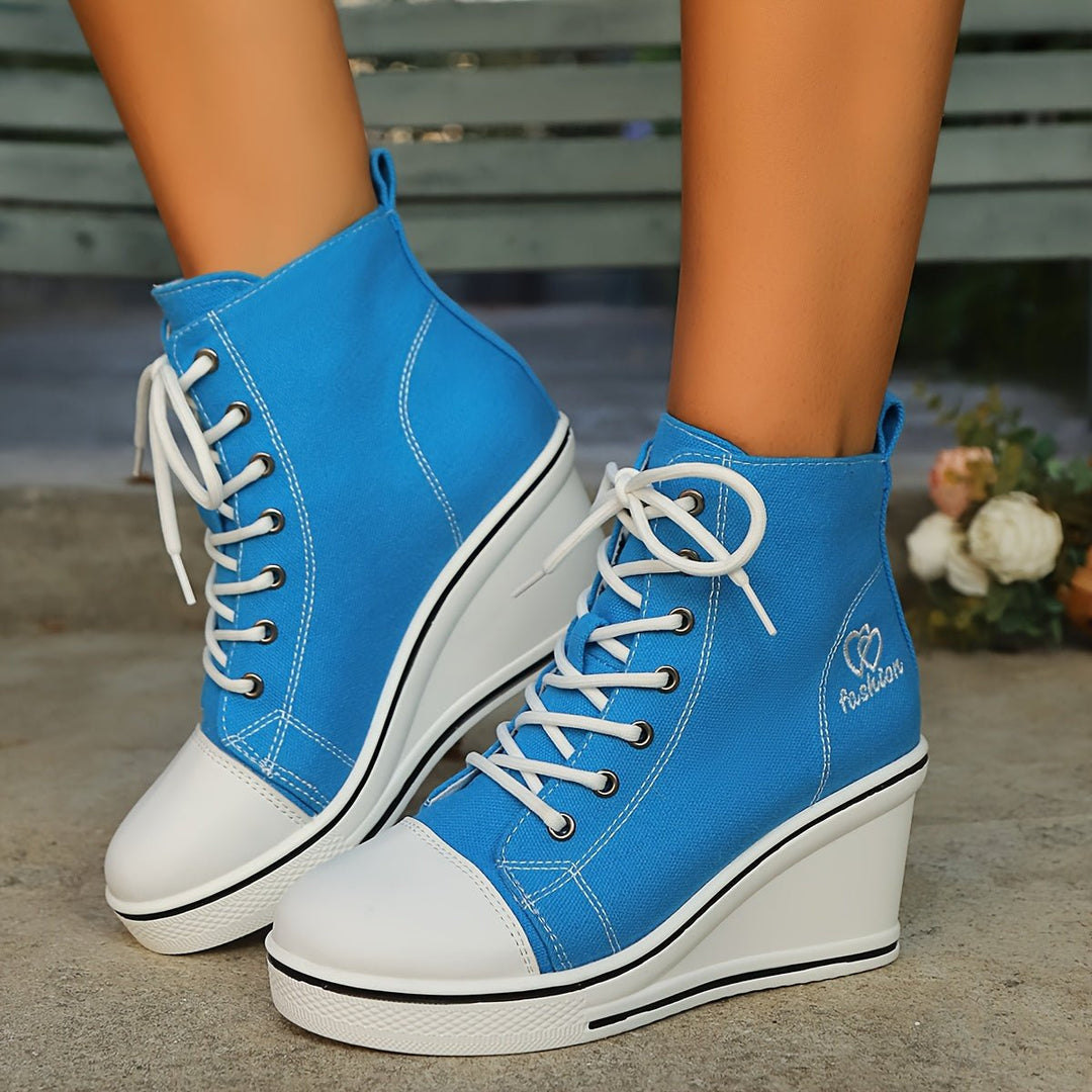 Women's Canvas Lace-Up Wedge Ankle Heeled Boots High-Top Trainers