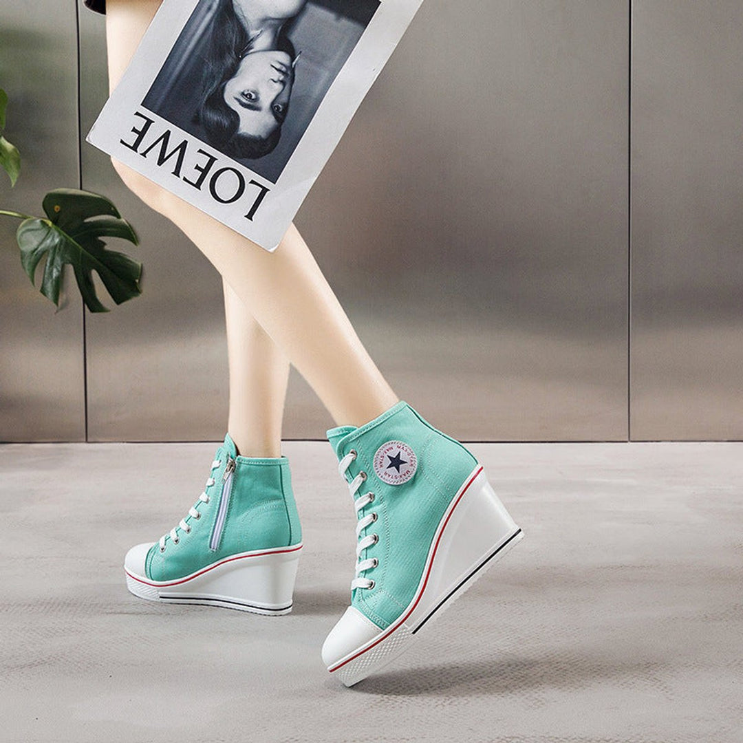 Women's Canvas Lace-Up Wedge Ankle Heeled Boots High-Top Trainers
