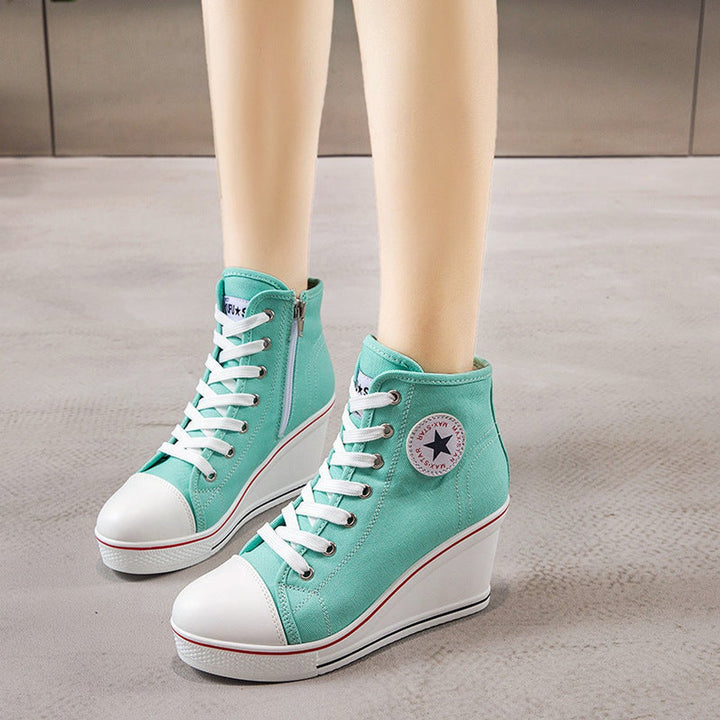 Women's Canvas Lace-Up Wedge Ankle Heeled Boots High-Top Trainers