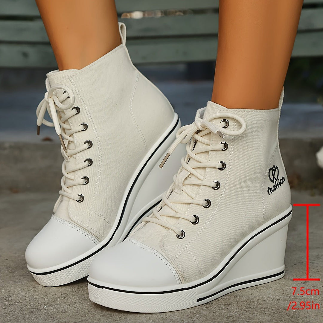 Women's Canvas Lace-Up Wedge Ankle Heeled Boots High-Top Trainers