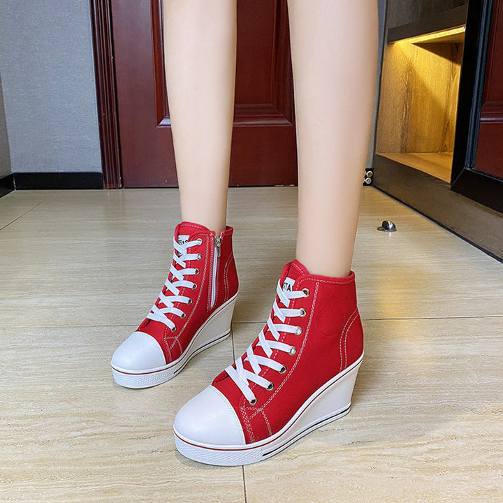 Women's Canvas Lace-Up Wedge Ankle Heeled Boots High-Top Trainers