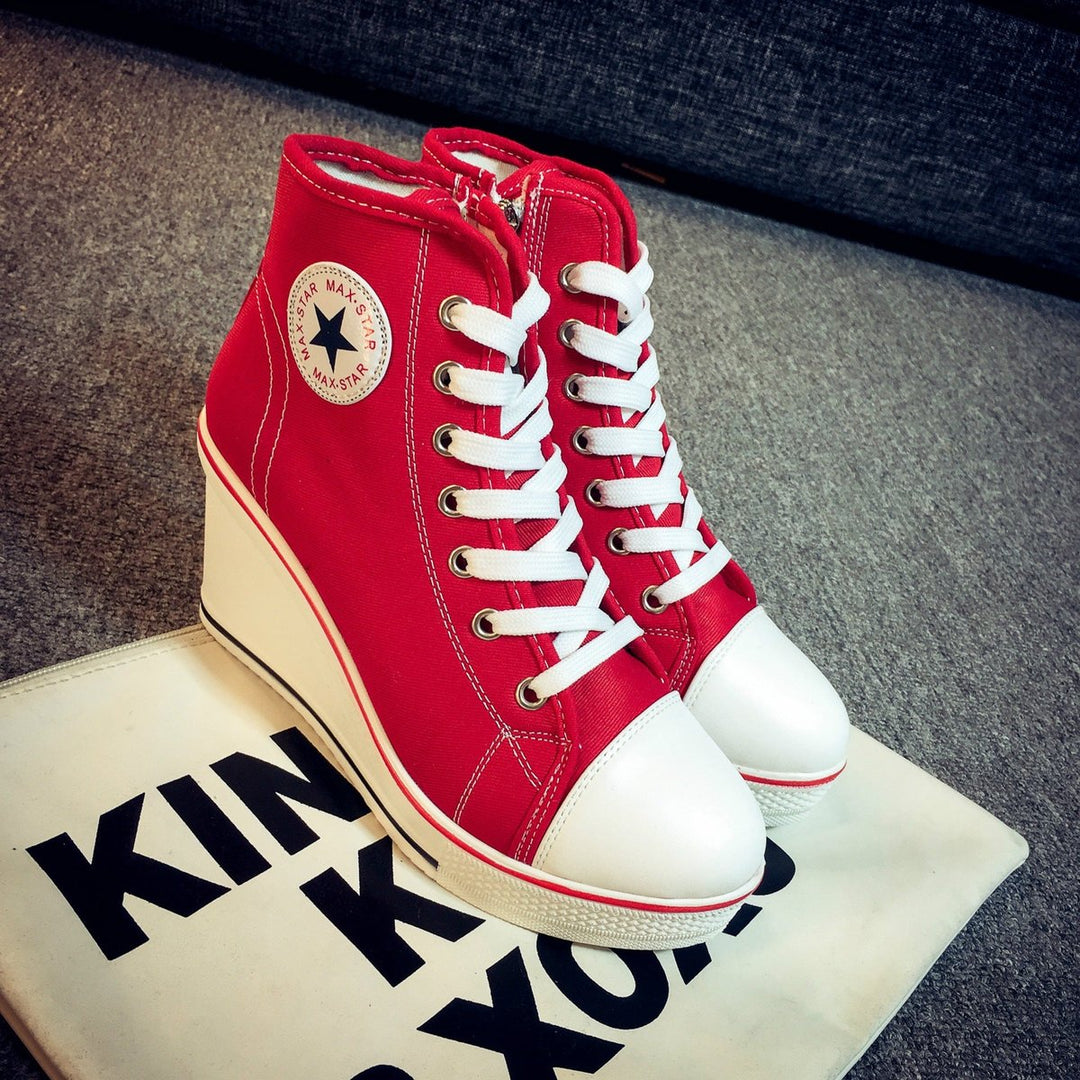 Women's Canvas Lace-Up Wedge Ankle Heeled Boots High-Top Trainers