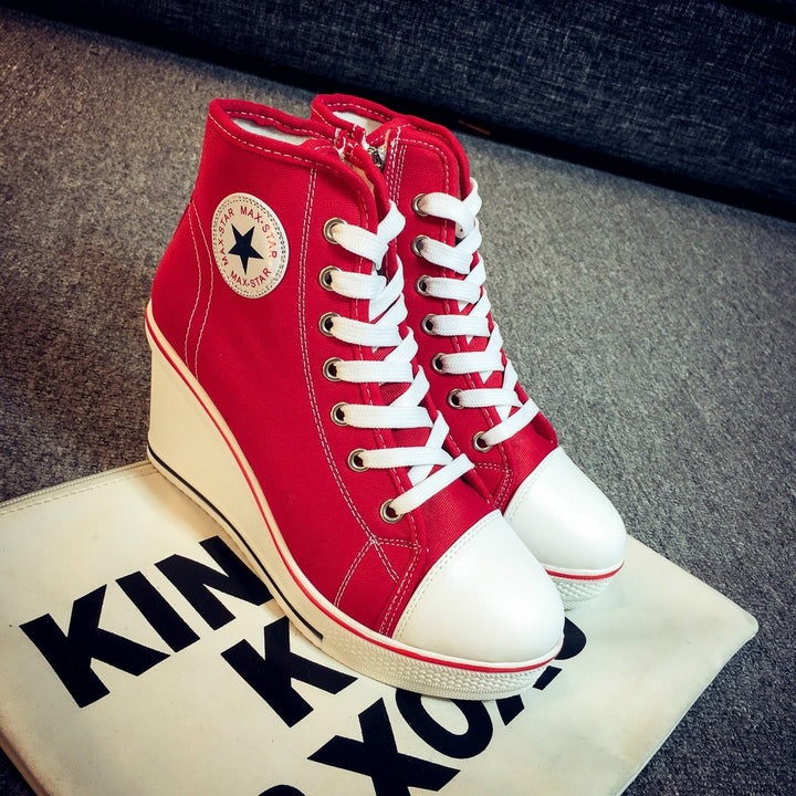 Women's Canvas Lace-Up Wedge Ankle Heeled Boots High-Top Trainers