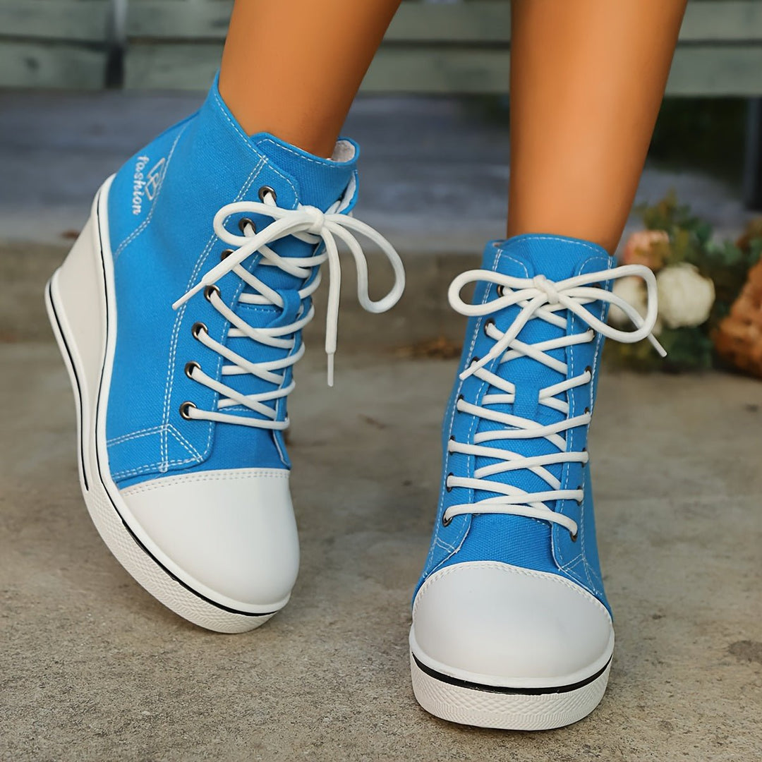 Women's Canvas Lace-Up Wedge Ankle Heeled Boots High-Top Trainers