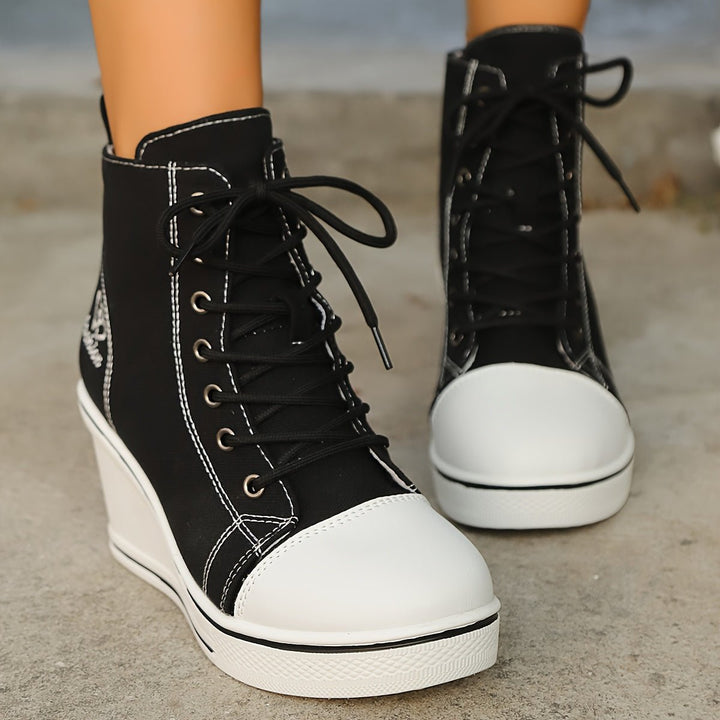 Women's Canvas Lace-Up Wedge Ankle Heeled Boots High-Top Trainers