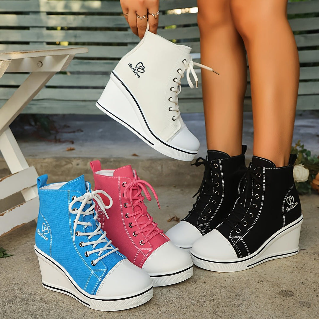 Women's Canvas Lace-Up Wedge Ankle Heeled Boots High-Top Trainers