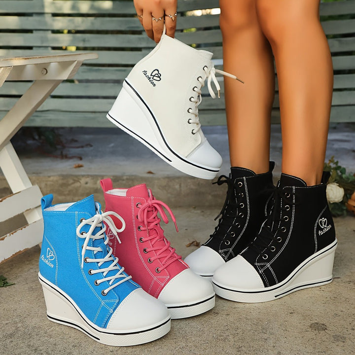 Women's Canvas Lace-Up Wedge Ankle Heeled Boots High-Top Trainers