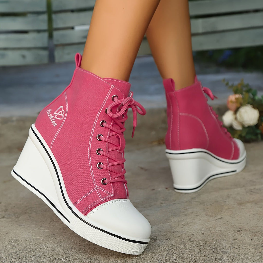 Women's Canvas Lace-Up Wedge Ankle Heeled Boots High-Top Trainers