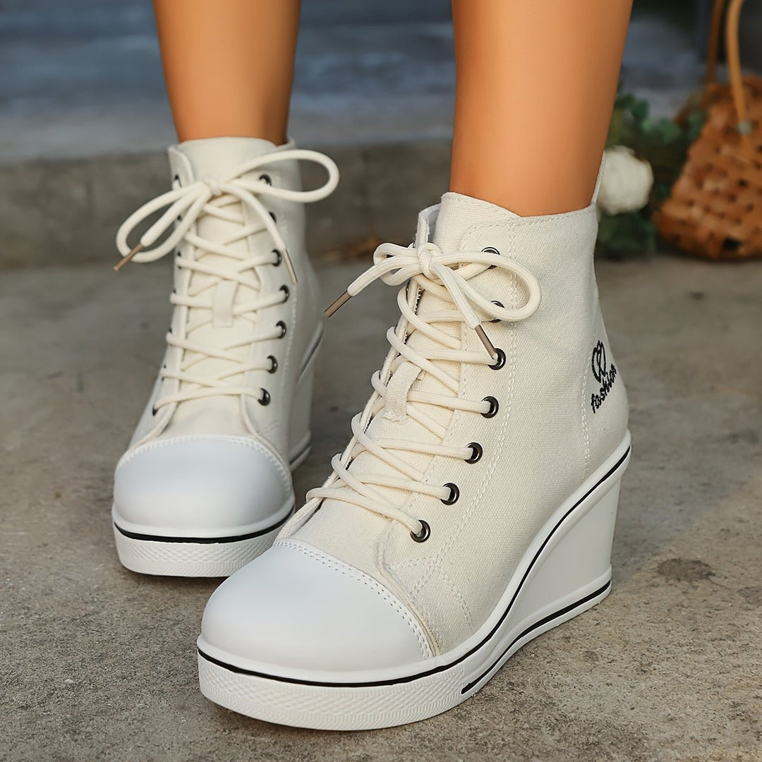 Women's Canvas Lace-Up Wedge Ankle Heeled Boots High-Top Trainers