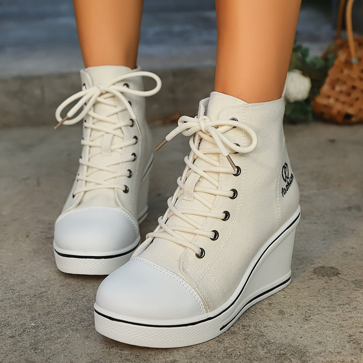 Women's Canvas Lace-Up Wedge Ankle Heeled Boots High-Top Trainers