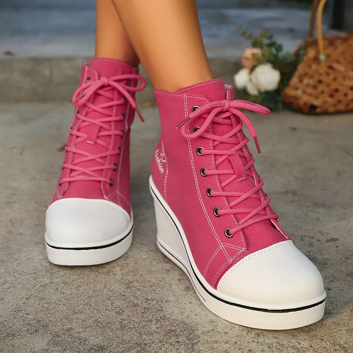 Women's Canvas Lace-Up Wedge Ankle Heeled Boots High-Top Trainers