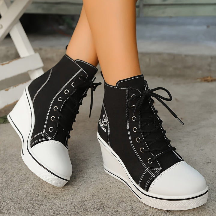 Women's Canvas Lace-Up Wedge Ankle Heeled Boots High-Top Trainers