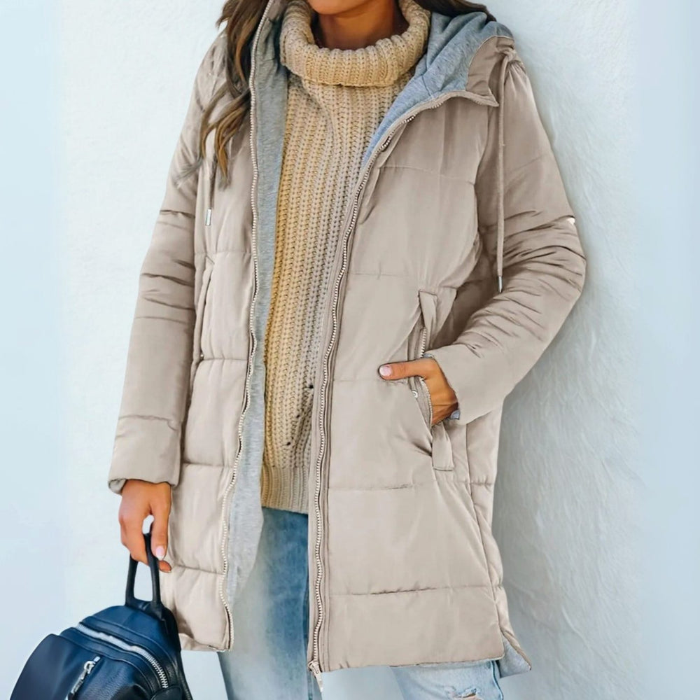 Women's Casual Hooded Puffer Jacket Quilted Warm Outerwear - Beige