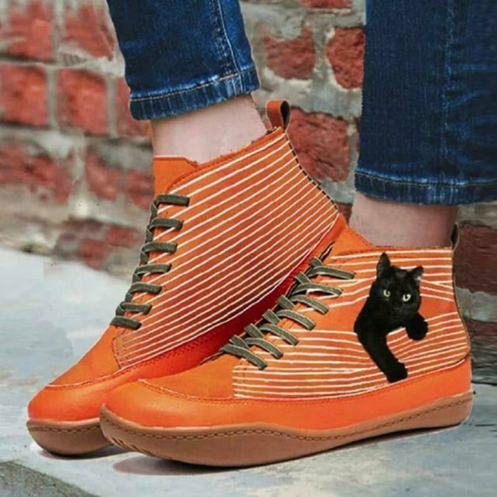 Women's Cat Print Lace-Up Flat Ankle Heeled Boots
