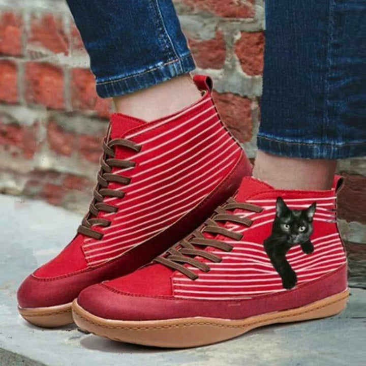 Women's Cat Print Lace-Up Flat Ankle Heeled Boots