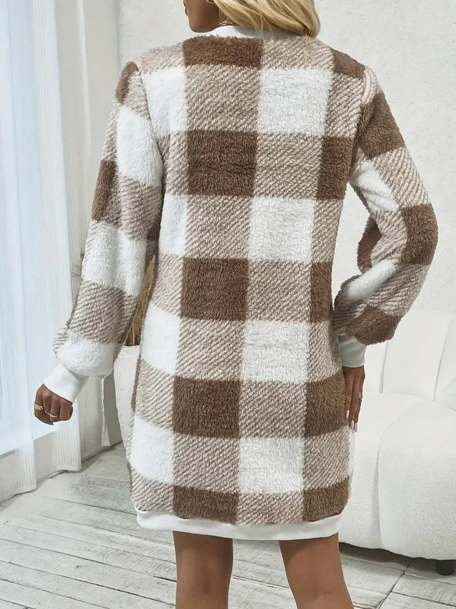 Women's Checked Fluffy Knitted Dress Long Sleeve Midi