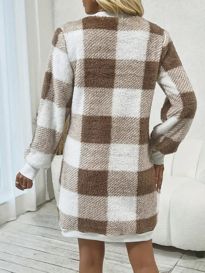 Women's Checked Fluffy Knitted Dress Long Sleeve Midi
