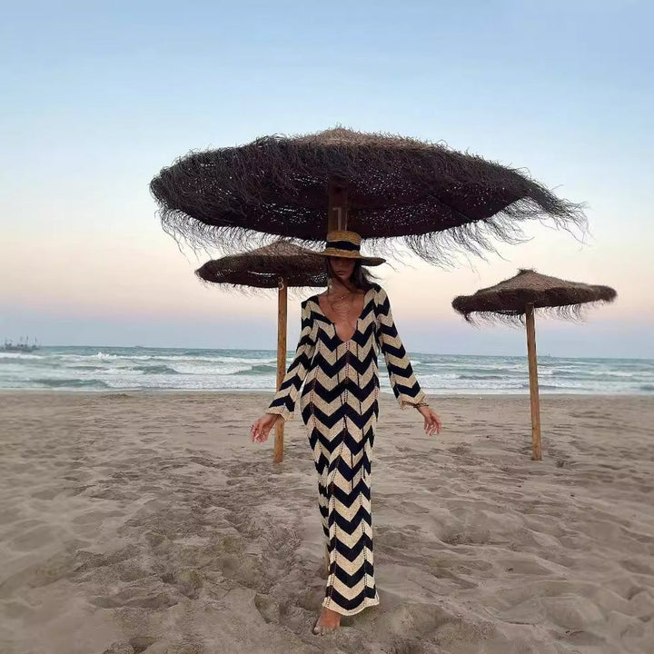 Women's Chevron Zigzag V-Neck Long-Sleeve Knitted Dress