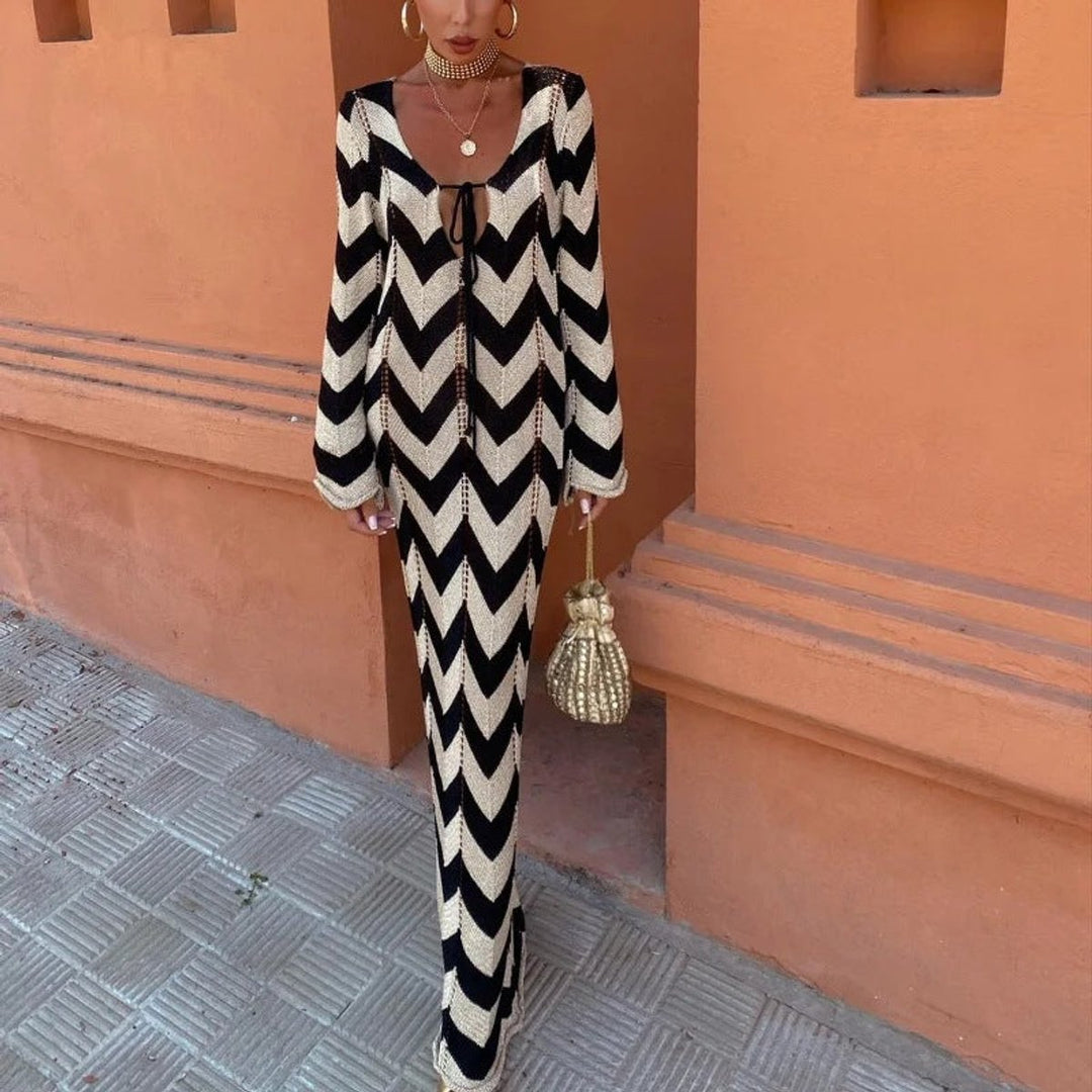 Women's Chevron Zigzag V-Neck Long-Sleeve Knitted Dress