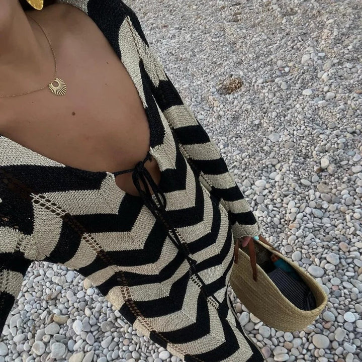 Women's Chevron Zigzag V-Neck Long-Sleeve Knitted Dress