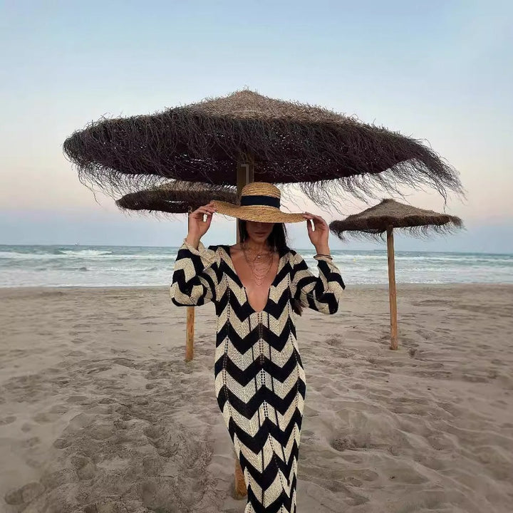 Women's Chevron Zigzag V-Neck Long-Sleeve Knitted Dress