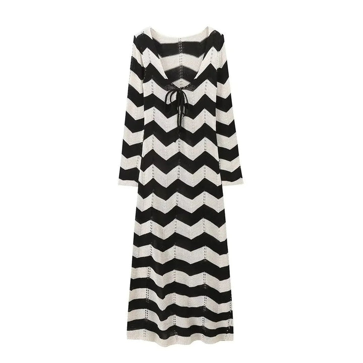 Women's Chevron Zigzag V-Neck Long-Sleeve Knitted Dress