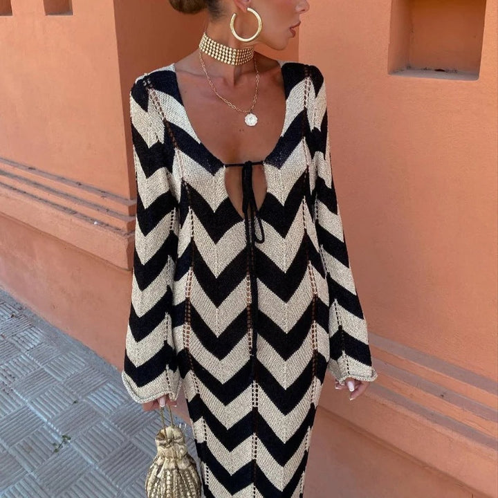 Women's Chevron Zigzag V-Neck Long-Sleeve Knitted Dress