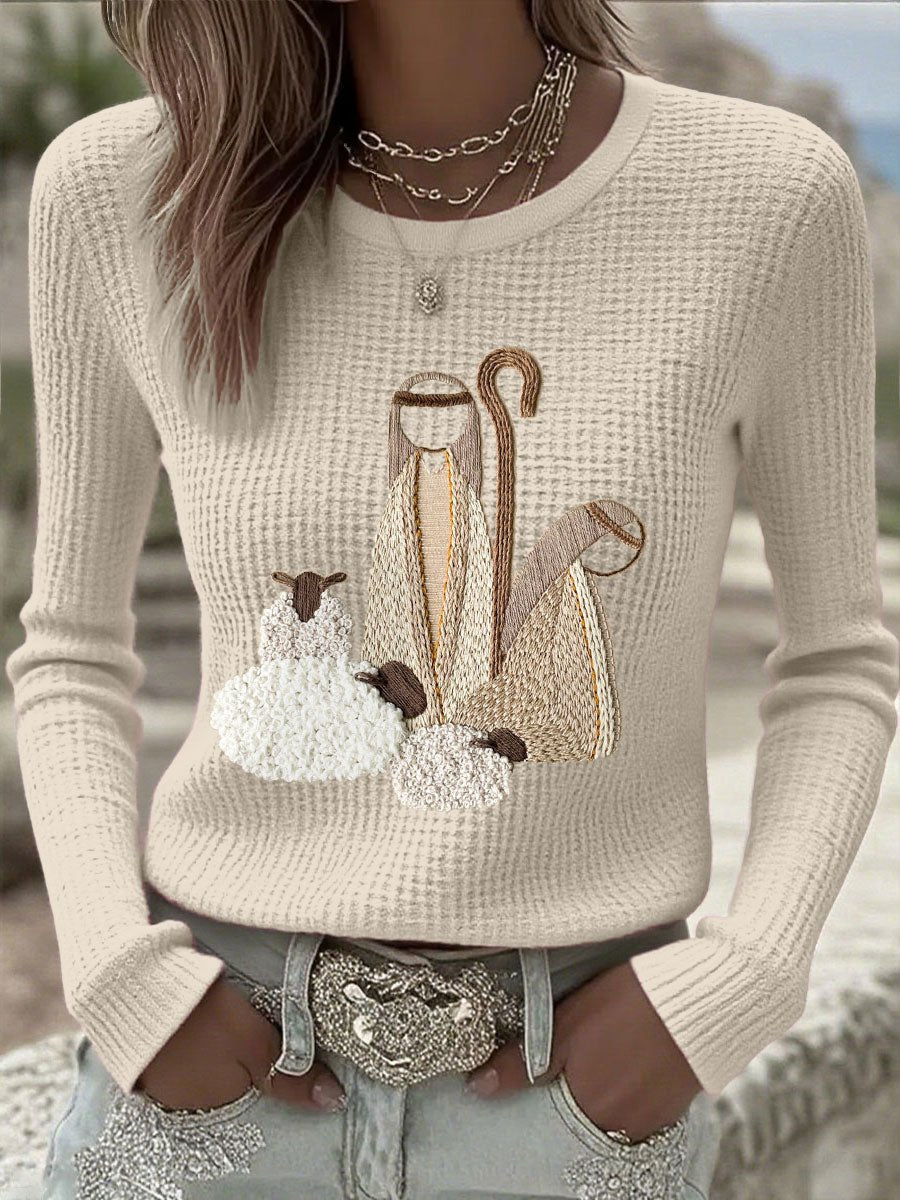 Women's Christmas Nativity Embroidered Waffle Knitted Sweater