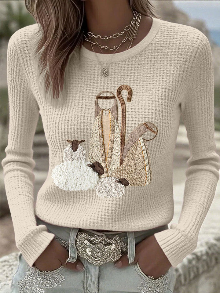 Women's Christmas Nativity Embroidered Waffle Knitted Sweater