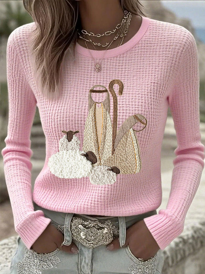 Women's Christmas Nativity Embroidered Waffle Knitted Sweater