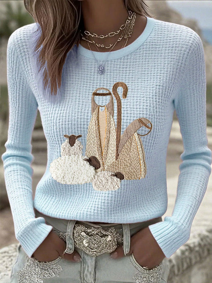 Women's Christmas Nativity Embroidered Waffle Knitted Sweater