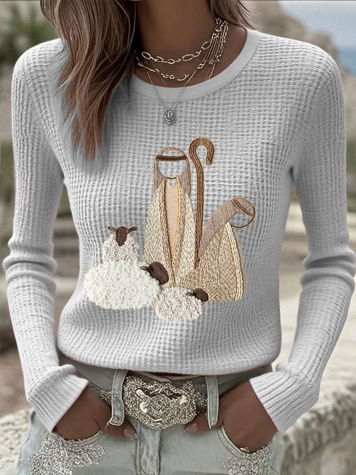 Women's Christmas Nativity Embroidered Waffle Knitted Sweater
