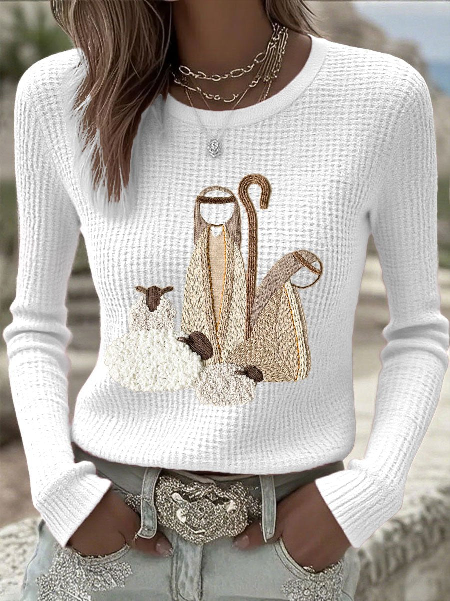 Women's Christmas Nativity Embroidered Waffle Knitted Sweater