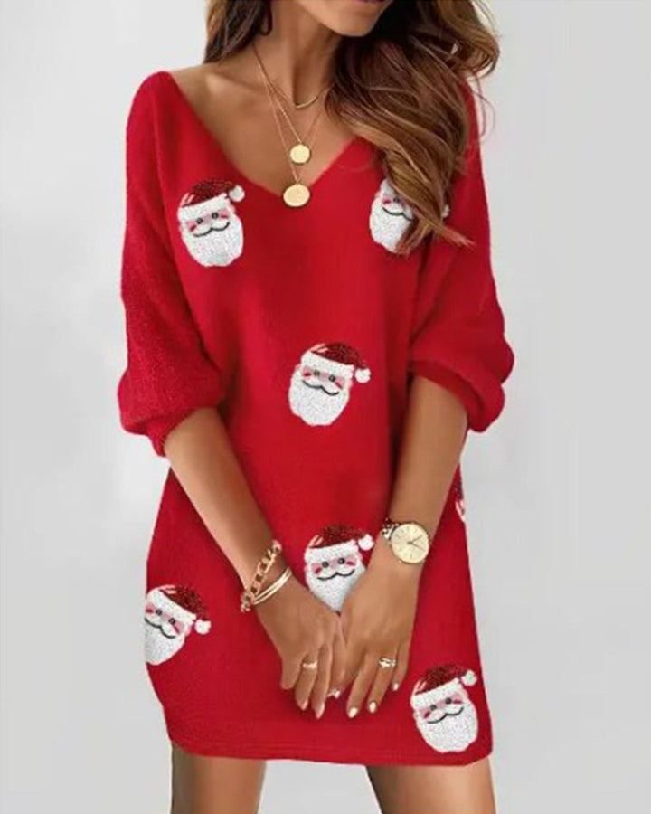 Women's Christmas Santa Print V-Neck Knitted Dress