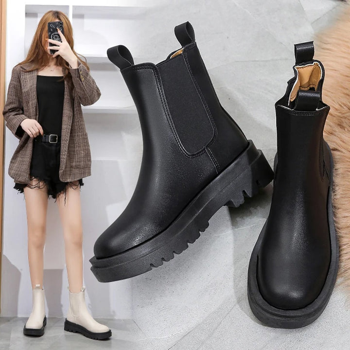 Women's Chunky Platform Ankle Heeled Boots Chelsea Pull-On