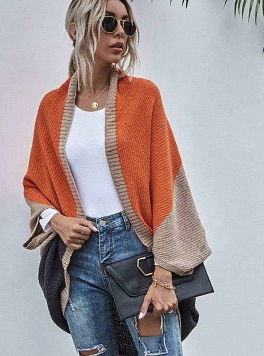 Women's Colour-Block Oversized Knit Cardigan Batwing Open Front