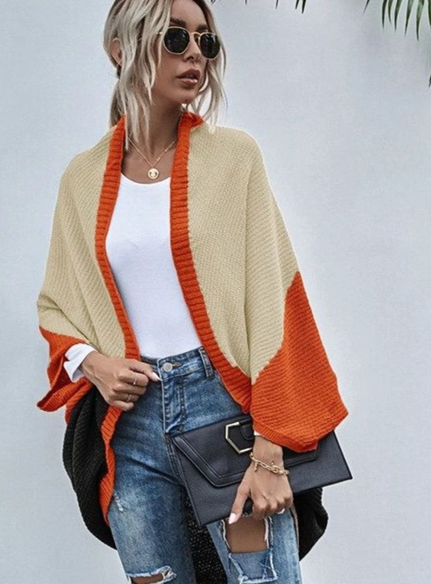 Women's Colour-Block Oversized Knit Cardigan Batwing Open Front