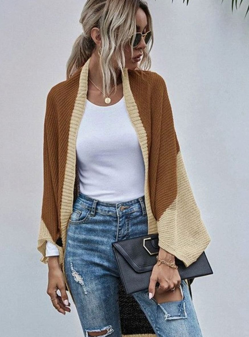 Women's Colour-Block Oversized Knit Cardigan Batwing Open Front