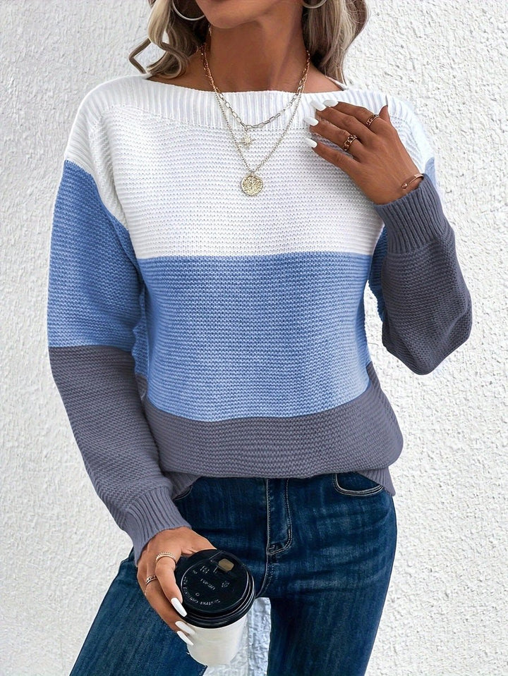 Women's Colour Block Relaxed-Fit Long-Sleeve Knitted Sweater