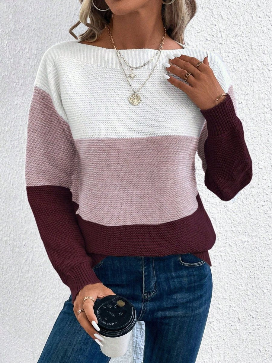 Women's Colour Block Relaxed-Fit Long-Sleeve Knitted Sweater