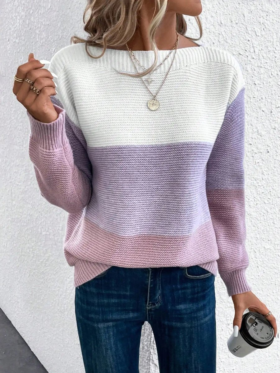Women's Colour Block Relaxed-Fit Long-Sleeve Knitted Sweater