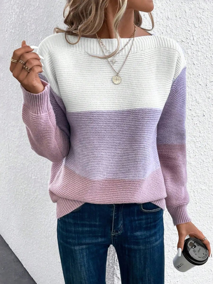 Women's Colour Block Relaxed-Fit Long-Sleeve Knitted Sweater