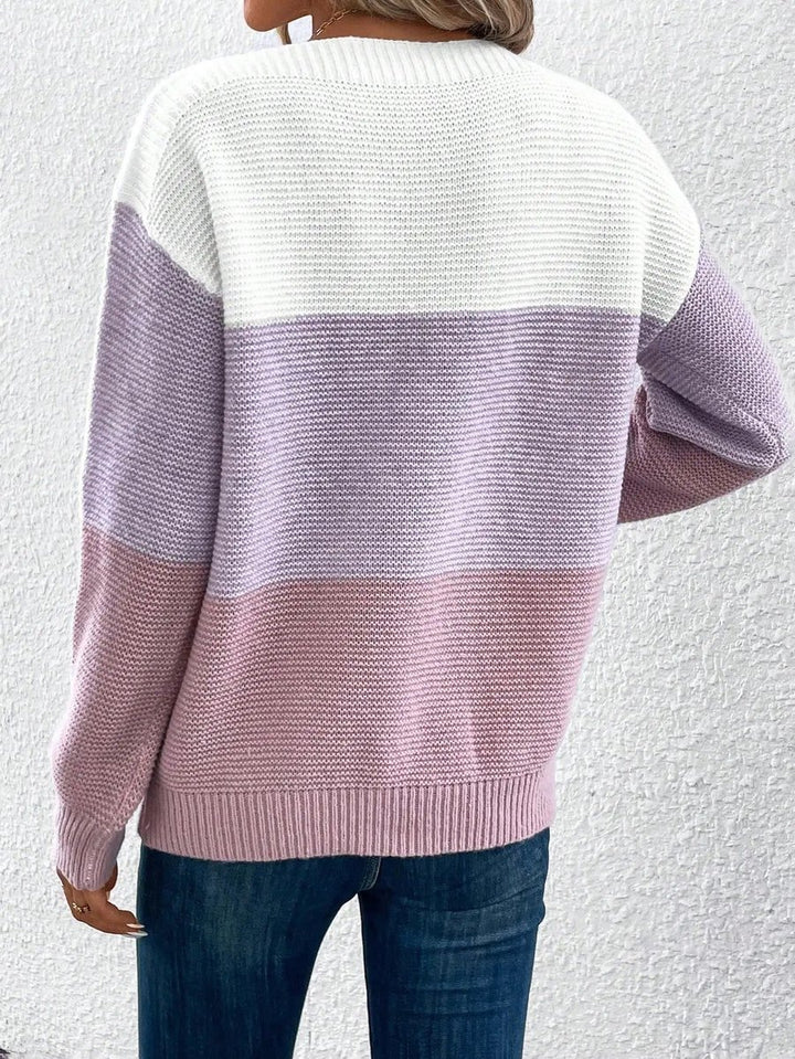Women's Colour Block Relaxed-Fit Long-Sleeve Knitted Sweater