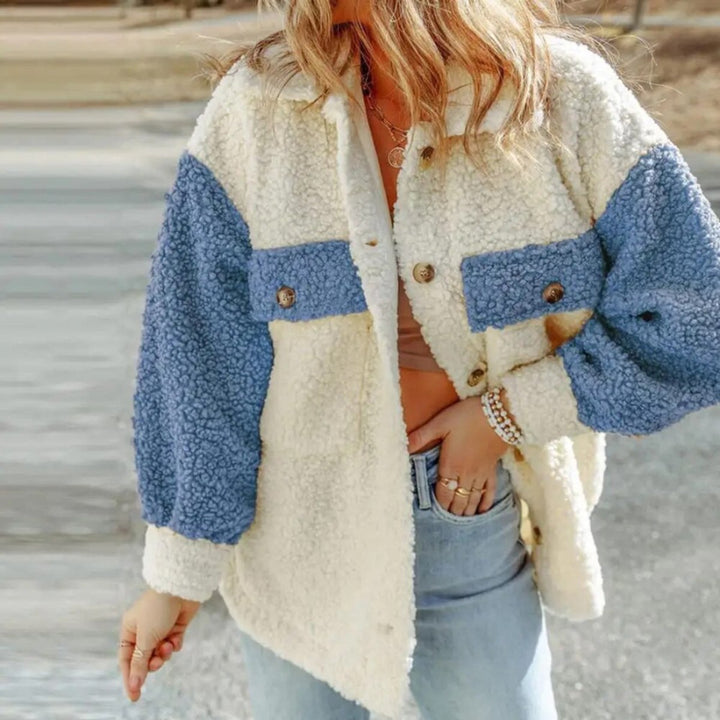 Women's Colour-Block Teddy Faux Fur Coat Button-Up Shacket