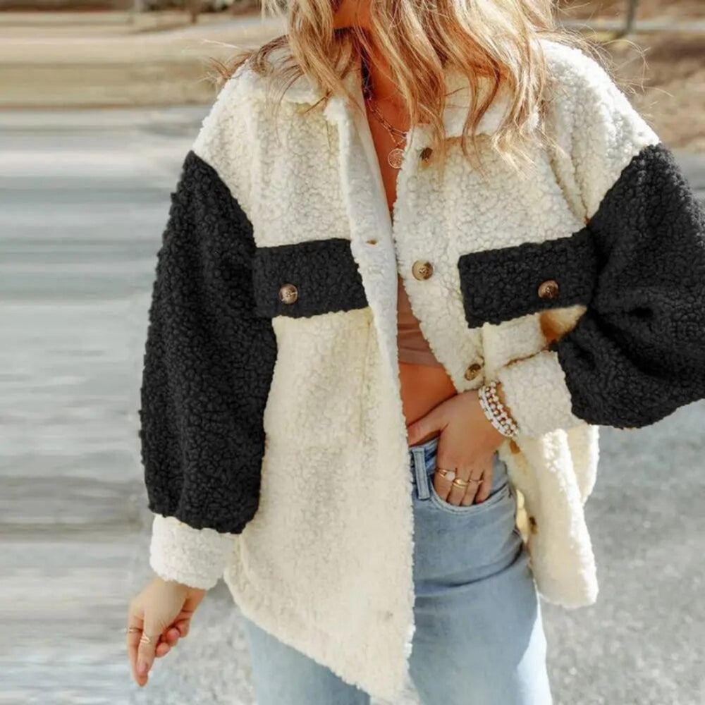 Women's Colour-Block Teddy Faux Fur Coat Button-Up Shacket
