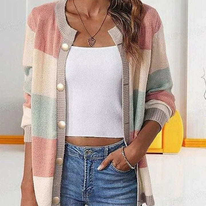 Women's Colourblock Oversized Knit Cardigan Button Front Long Sleeve