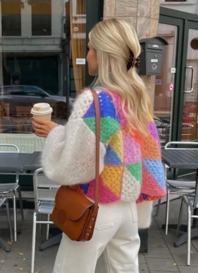 Women's Colourblock Oversized Knit Cardigan Open Front Patchwork