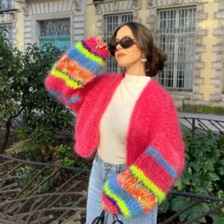 Women's Colourblock Oversized Knit Cardigan Open Front Patchwork