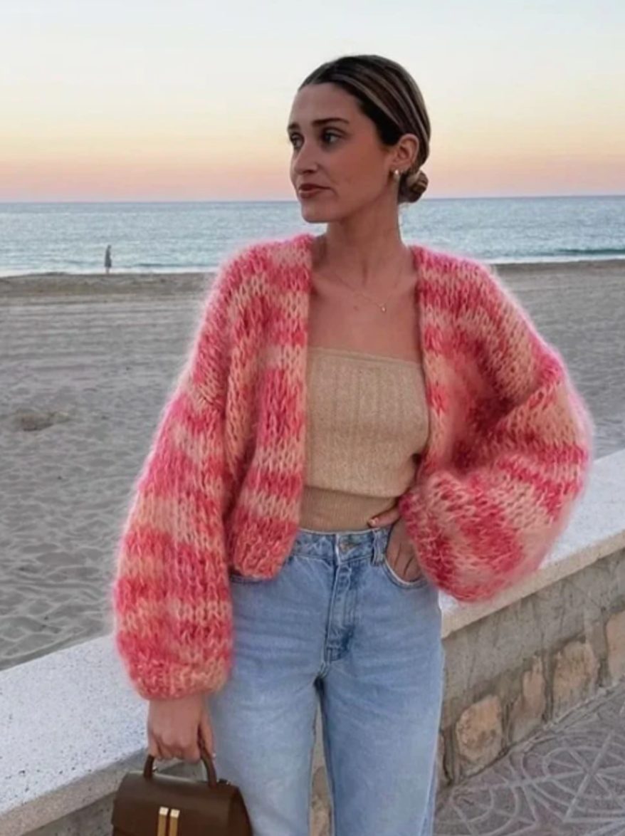 Women's Colourblock Oversized Knit Cardigan Open Front Patchwork