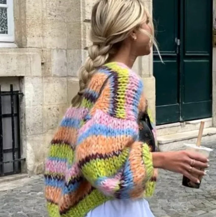 Women's Colourblock Oversized Knit Cardigan Open Front Patchwork